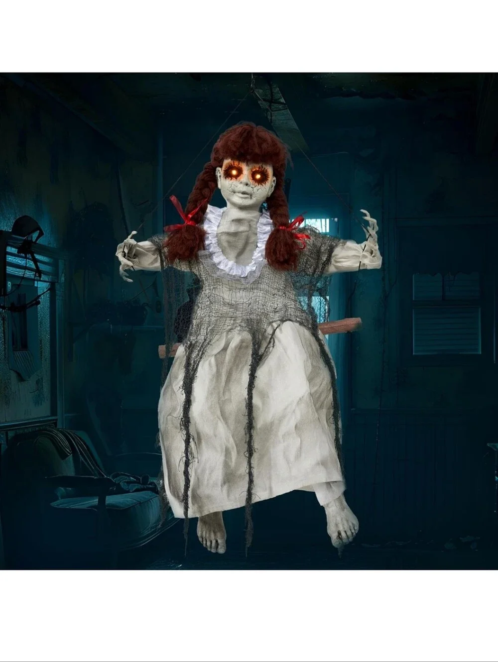 EUC LED Animated Halloween Red Haired Scary Swinging Haunted Zombie Girl!